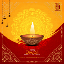 a poster for diwali festival of lights with a candle in a bowl