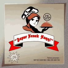 a logo for dapur nenek maggi shows a woman holding a cloche