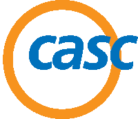 a logo for casc is shown in blue and orange