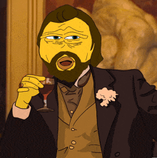 a cartoon drawing of a man with a beard holding a wine glass