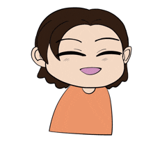 a cartoon drawing of a person with brown hair and a purple smile