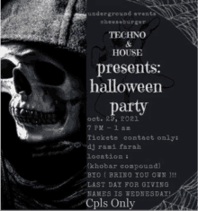 an advertisement for a halloween party with a skeleton on it