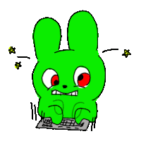 a green cartoon bunny is typing on a keyboard with red eyes .