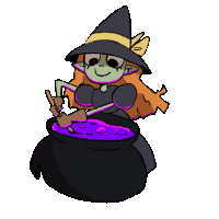 a cartoon of a witch stirring a cauldron with a stick