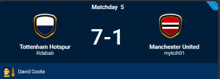 a scoreboard showing tottenham hotspur and manchester united playing each other