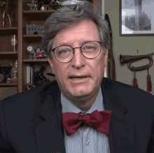 a man wearing glasses and a red bow tie stands in front of a shelf with a picture of a castle on it