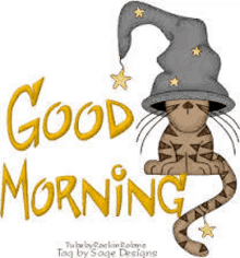 a cat wearing a wizard hat is sitting next to the words good morning .