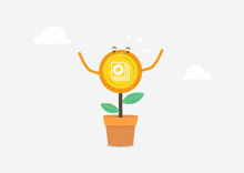 a cartoon illustration of a potted plant with a coin on top of it