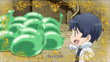 a boy giving a thumbs up in front of a bunch of green slimes with the words good job written on the bottom