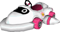 a white car with pink wheels and a princess peach logo on the side