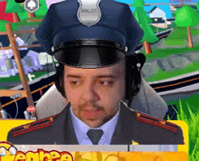 a man wearing a police hat is playing a video game