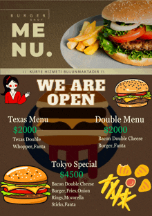 a flyer for a burger shop that is open