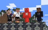 a group of minecraft characters standing next to each other including a red one with the letter h on it