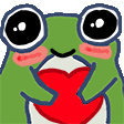 a frog with a heart in its mouth is holding a red heart .