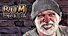 a cartoon of a man with a beard wearing a beanie with the words boom simulator on it