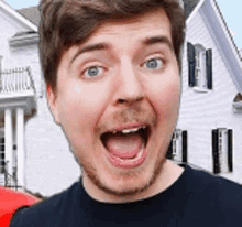 a man with his mouth open is standing in front of a house