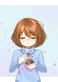 a girl holding a bag of chocolates with hearts on them