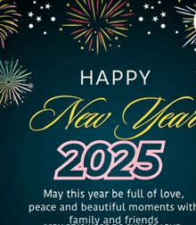 a happy new year 2025 greeting card with fireworks in the background