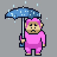 a pixel art of a monkey in a pink suit holding an umbrella