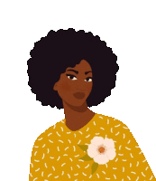 a woman with an afro is wearing a yellow shirt and has a flower on her chest .