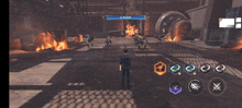 a screenshot of a video game with a man standing in front of a fire