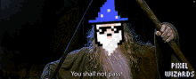 a blue background with pixel wizards written at the bottom