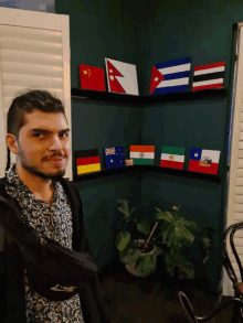 a man stands in front of a display of small flags from different countries