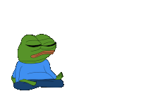 a frog in a blue shirt sits in a lotus position with its eyes closed