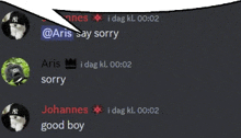 a screenshot of a discord chat with a gorilla saying sorry and johannes saying good boy