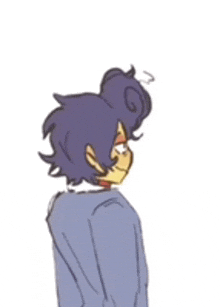 a cartoon of a person with purple hair and a blue jacket .