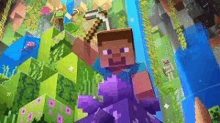 a man in a purple dress is standing in a minecraft world with a pickaxe .