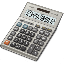 a silver casio calculator displays the numbers 1234567890.12