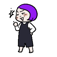 a cartoon girl with purple hair is standing with her hands on her hips and making a face .