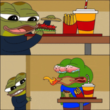 a cartoon of a frog eating a hamburger and drinking a cup of soda