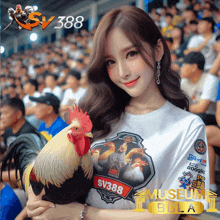 a woman holding a rooster with a shirt that says sv388 museum bola