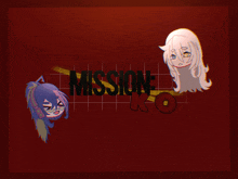 the word mission is on a red background with two anime characters