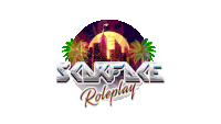 a logo for a game called sakte roleplay with a city in the background