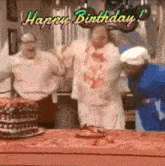 a group of men are dancing in front of a birthday cake with the words happy birthday written above them