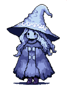 a pixel art of a witch wearing a purple cape