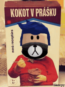 a box of kokot v prasku cereal has a picture of a boy wearing a bear mask