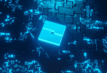 a blue cube with a hole in the middle is surrounded by glowing blue squares