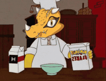 a cartoon character in a chef 's hat is holding a box of pokemon 23ka12