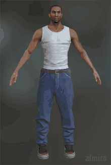 a 3d model of a man in a white tank top and jeans