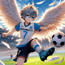 a boy with wings is kicking a soccer ball wearing a museumbolla shirt