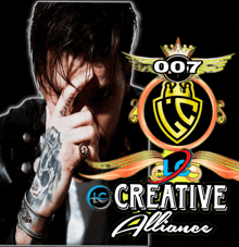 a man covering his face in front of a 007 creative alliance logo