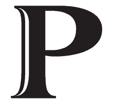 a black letter p with a white outline on a white background