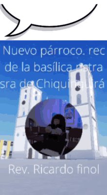 a picture of a church with a speech bubble that says nuevo parroco