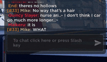 a screenshot of a video game where a person is talking to another person and says to chat click here