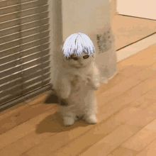 a white cat is standing on its hind legs on a wooden floor .