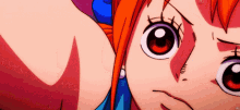 a close up of a person 's face with red eyes and orange hair .